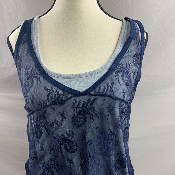 Donna Karen Layered Look Lace Tank Top Blue - Picture 4 of 8